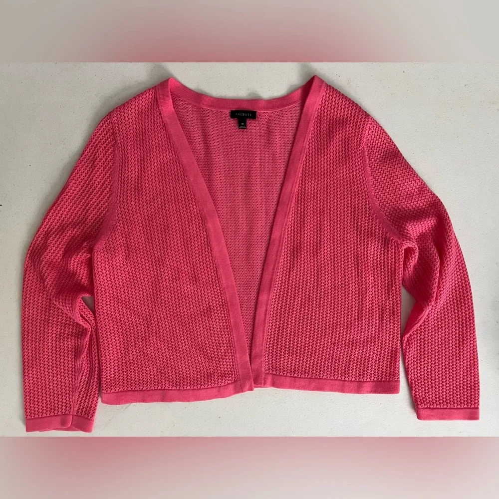 Talbots Lightweight Pink Crocheted Look 3/4 Sleeve Cardigan, NWOT, Size M - Picture 6 of 12